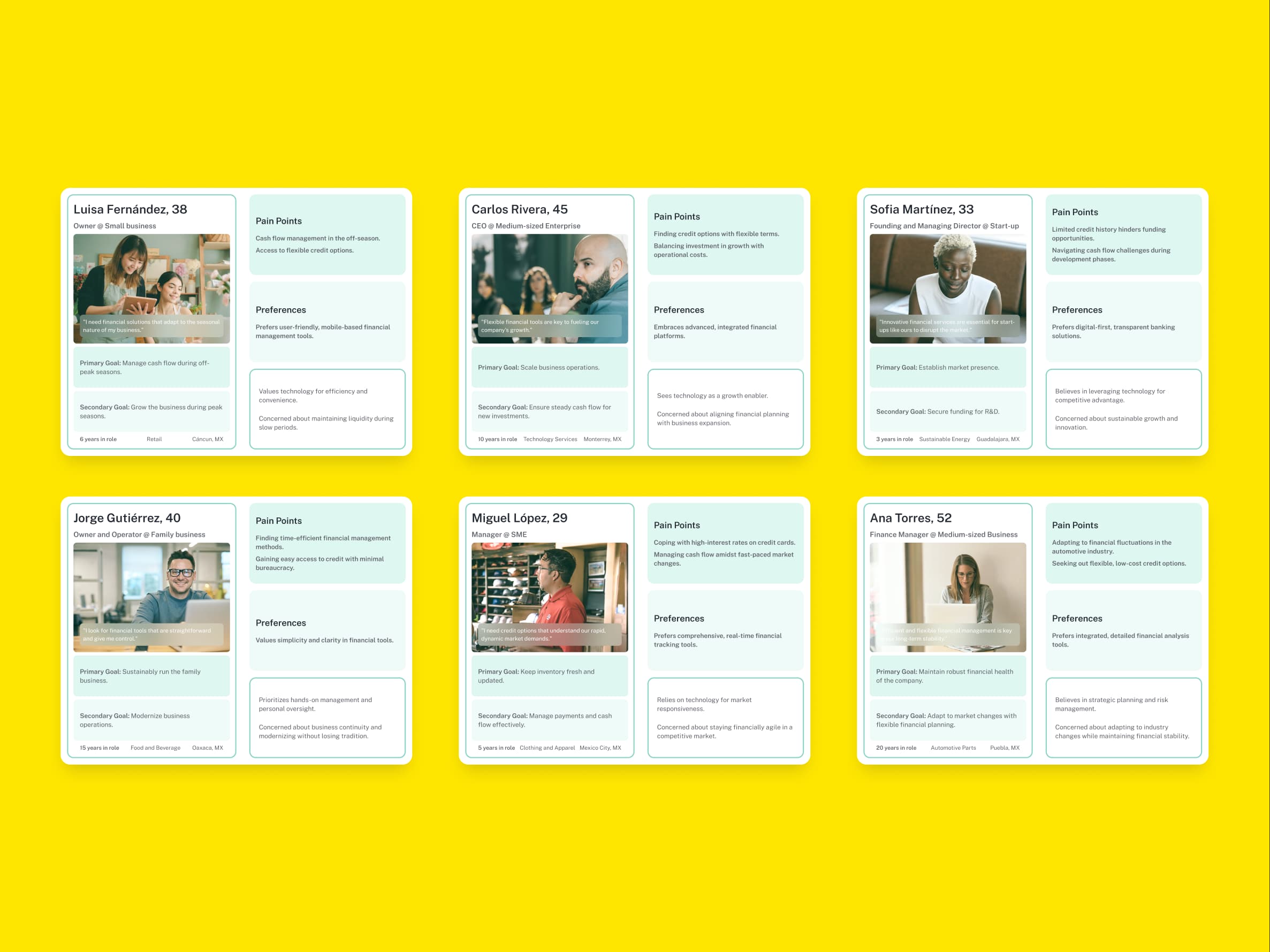 Persona boards capture business owners' and finance teams' goals, pain points, and preferences to support product discussions.