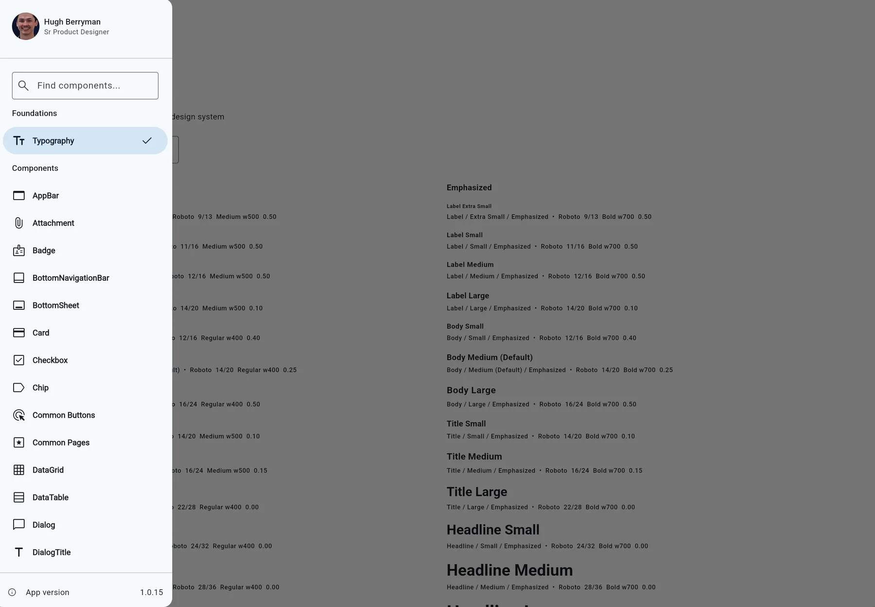 Before the rebuild, navigation lived in a modal drawer and presented the component inventory as one long alphabetical list.