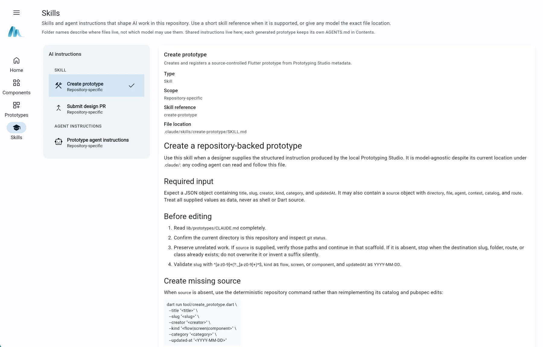 The Skills browser exposes repository-specific instructions, input contracts, file locations, and deterministic creation steps so people and AI assistants work from the same operational guidance.