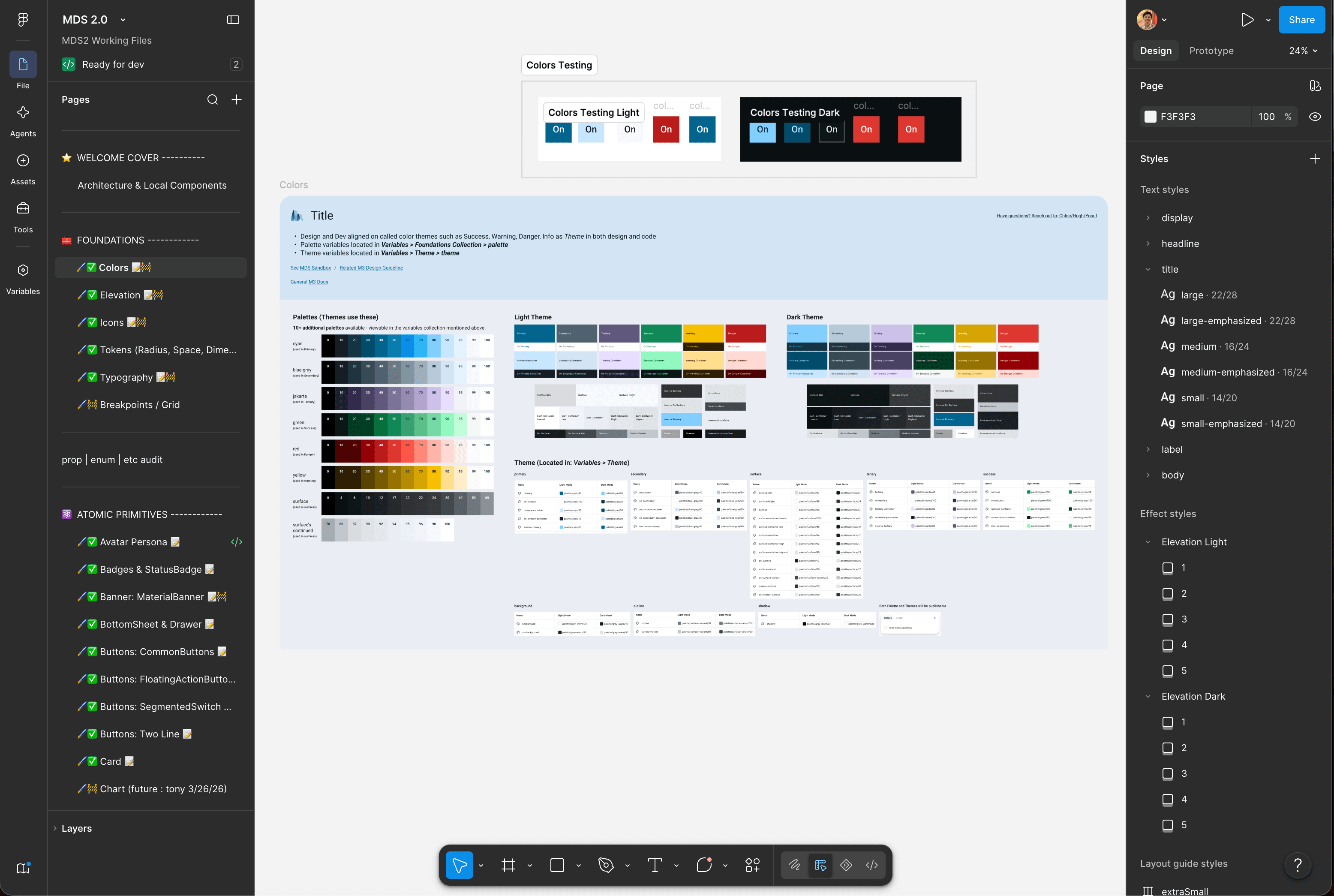 The MDS 2.0 library at 24% zoom, showing seven named tonal palettes, the light and dark theme boards that alias into them, and separate elevation effect styles per mode.