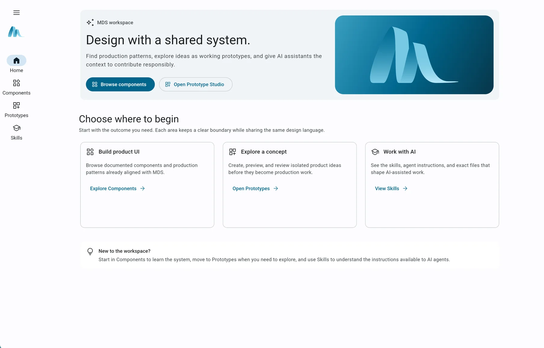 The MDS workspace home after I redesigned and coded the sandbox. Outcome-based entry points connect production components, repository-backed prototypes, and agent-readable Skills through one persistent navigation system.