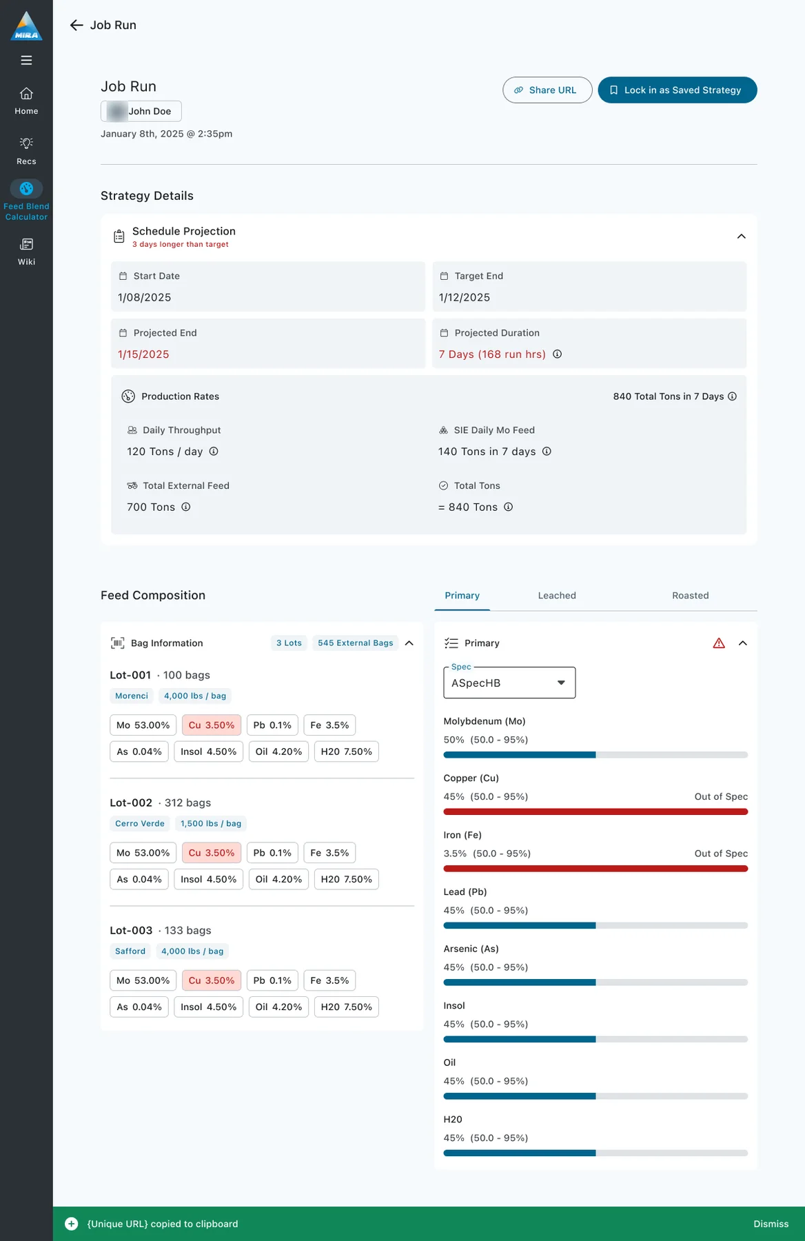 The job run result, leading with the schedule overrun before the production arithmetic, then eight range-bounded compliance meters that each state an in or out of spec verdict.