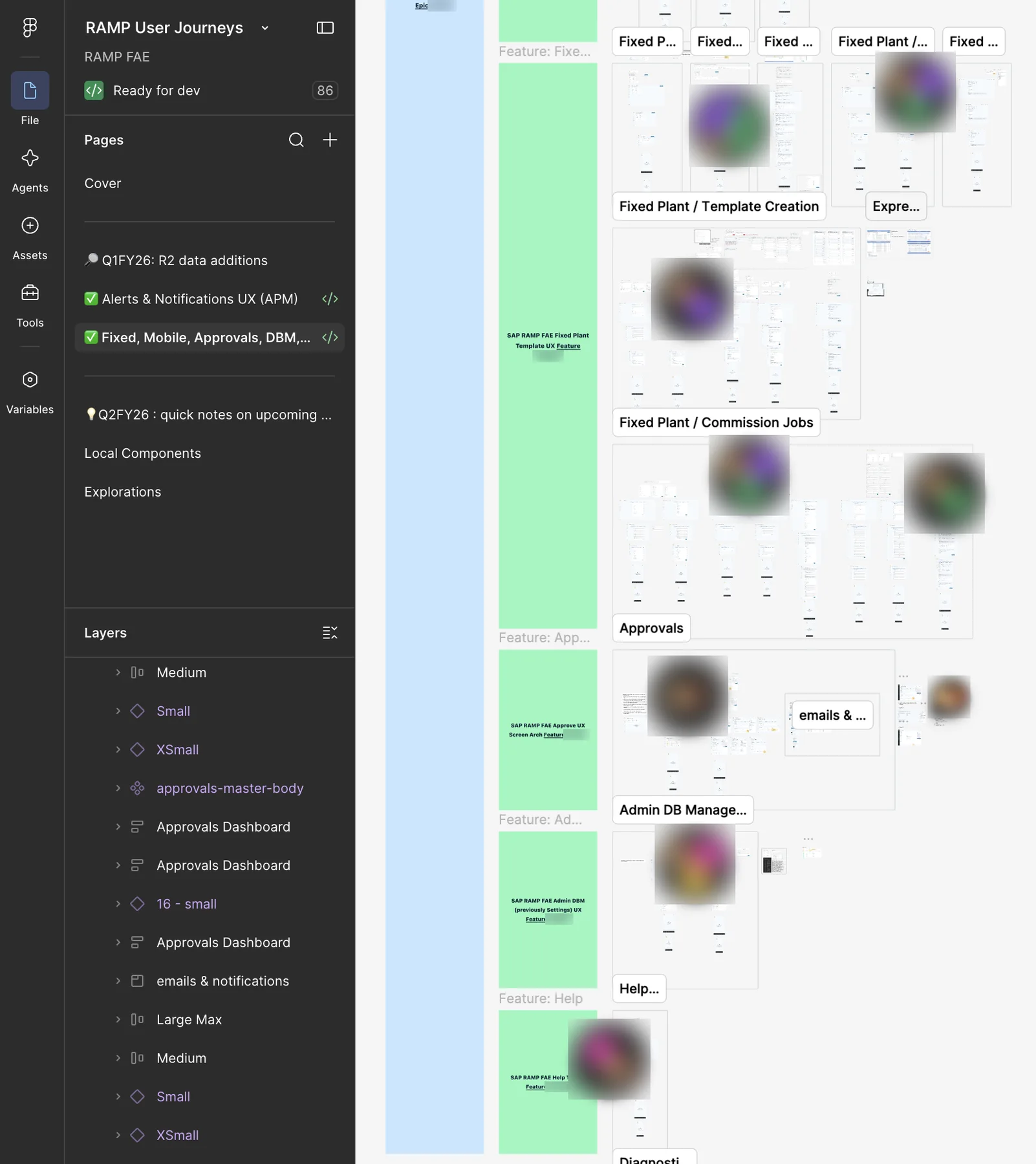The RAMP MVP Figma file zoomed out. Sections map one to one onto Azure DevOps epics and features, 86 layers are marked ready for dev, and four breakpoints exist per screen.