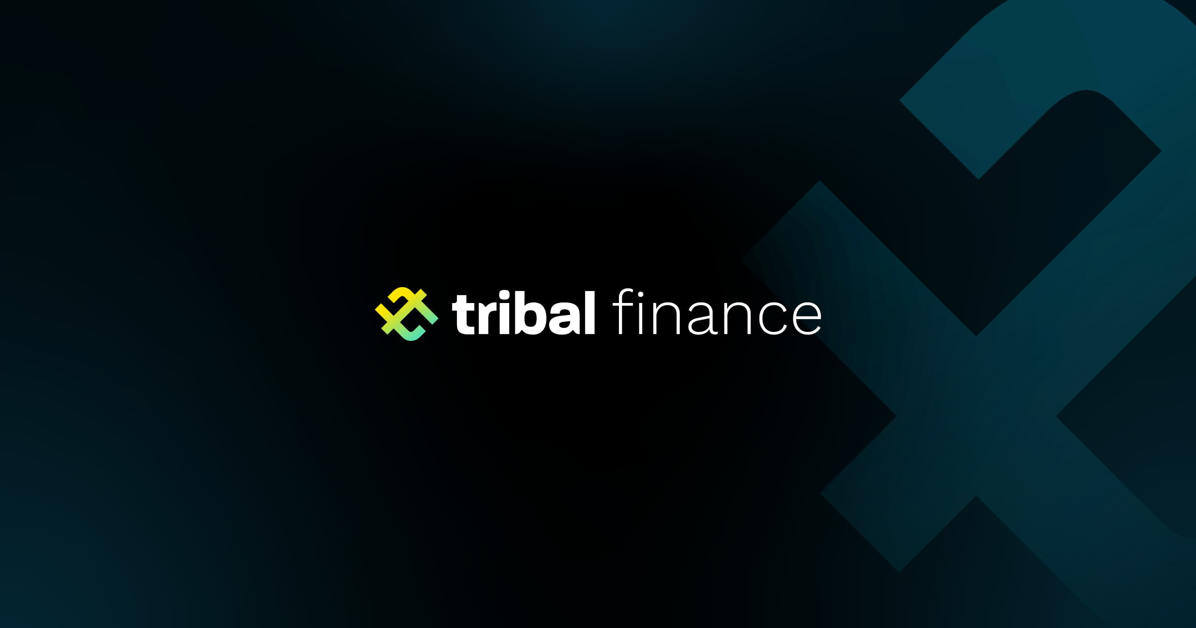 The Tribal Finance identity on a dark background, with a yellow-to-teal mark and enlarged symbol in the background.