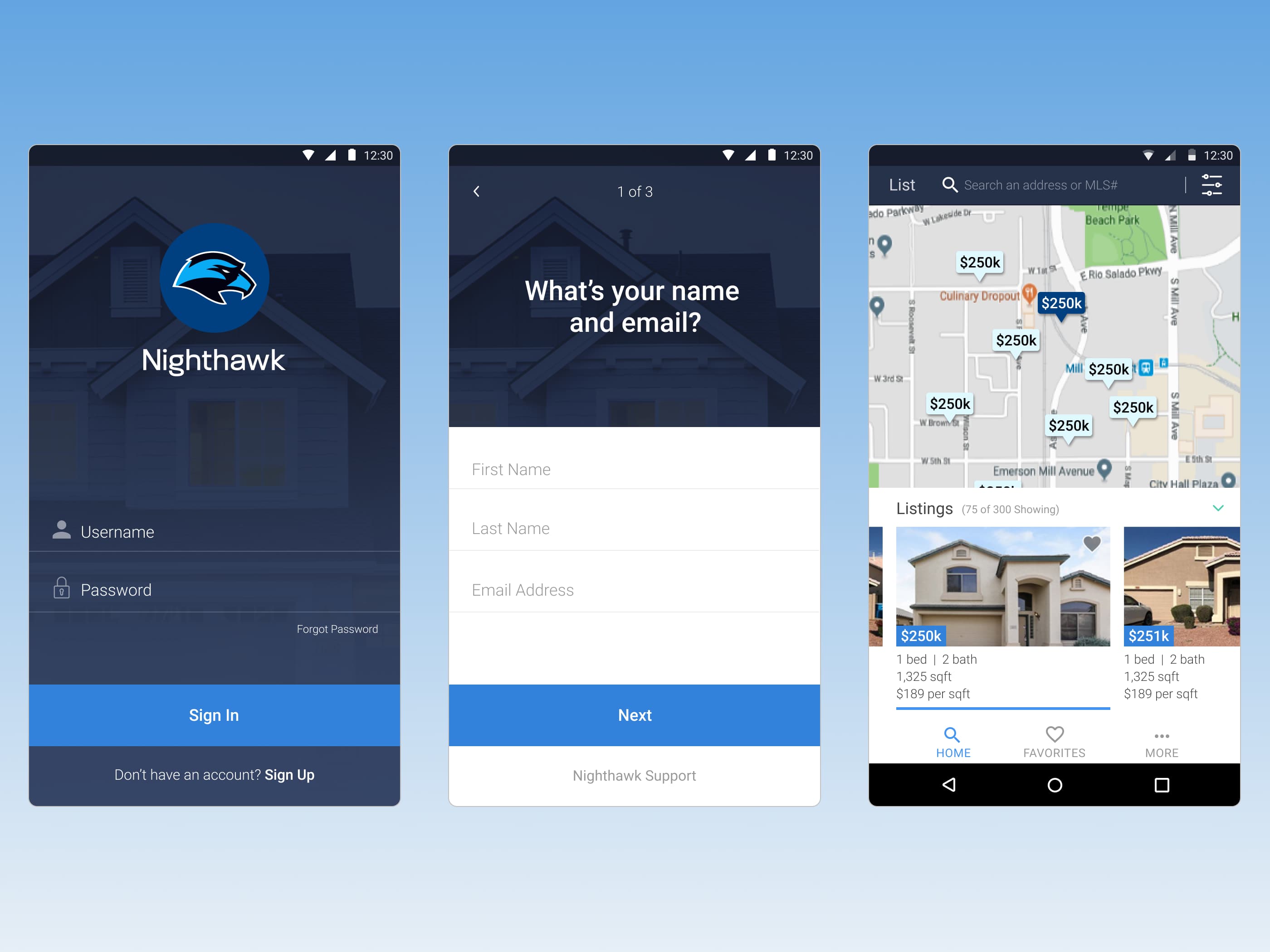 ARMLS's Nighthawk Android interface: sign-in, account setup, and property search with map markers and listing cards.