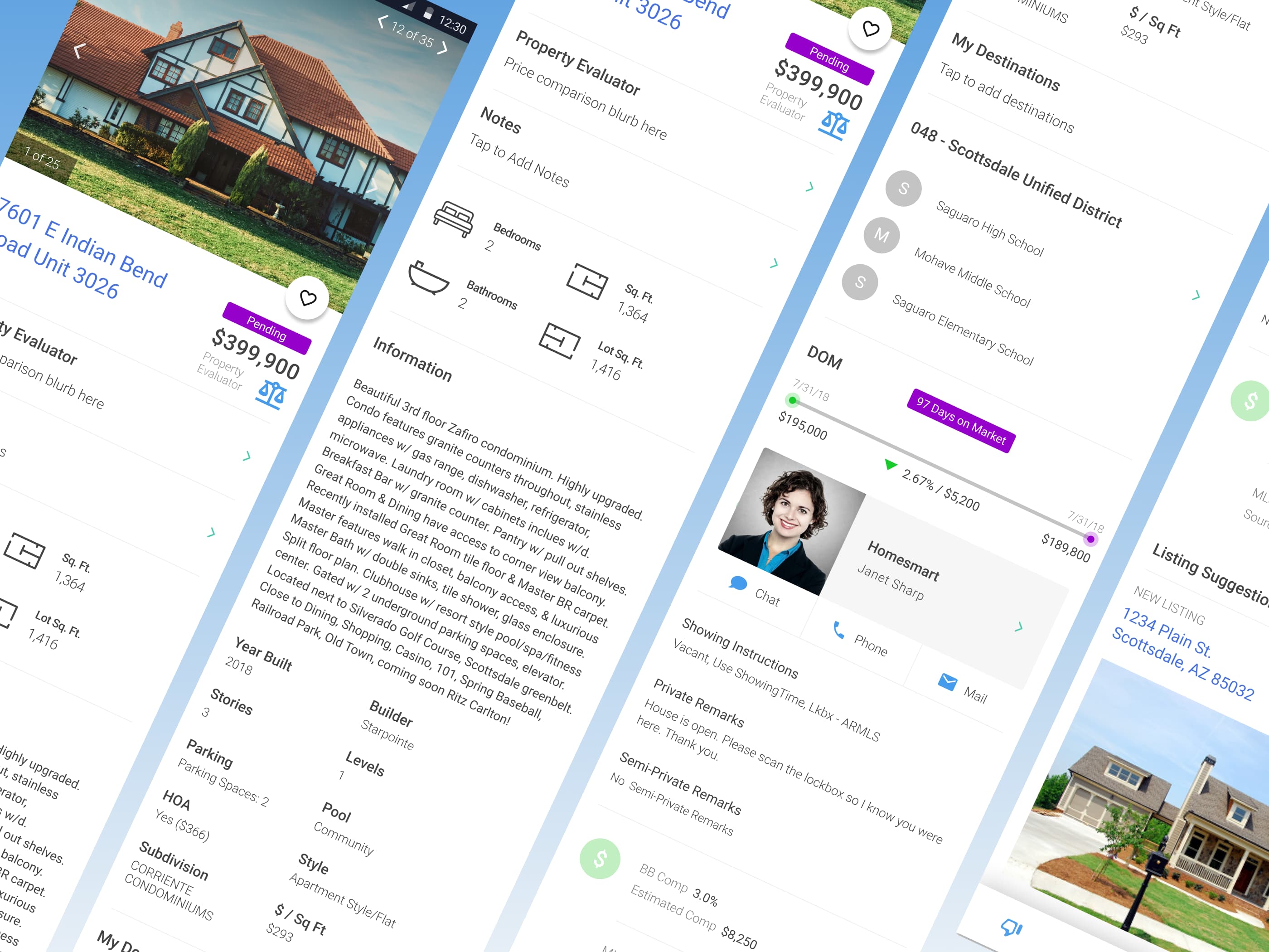 Property detail screens showing photography, listing status, key facts, notes, schools, market history, and agent contact options.