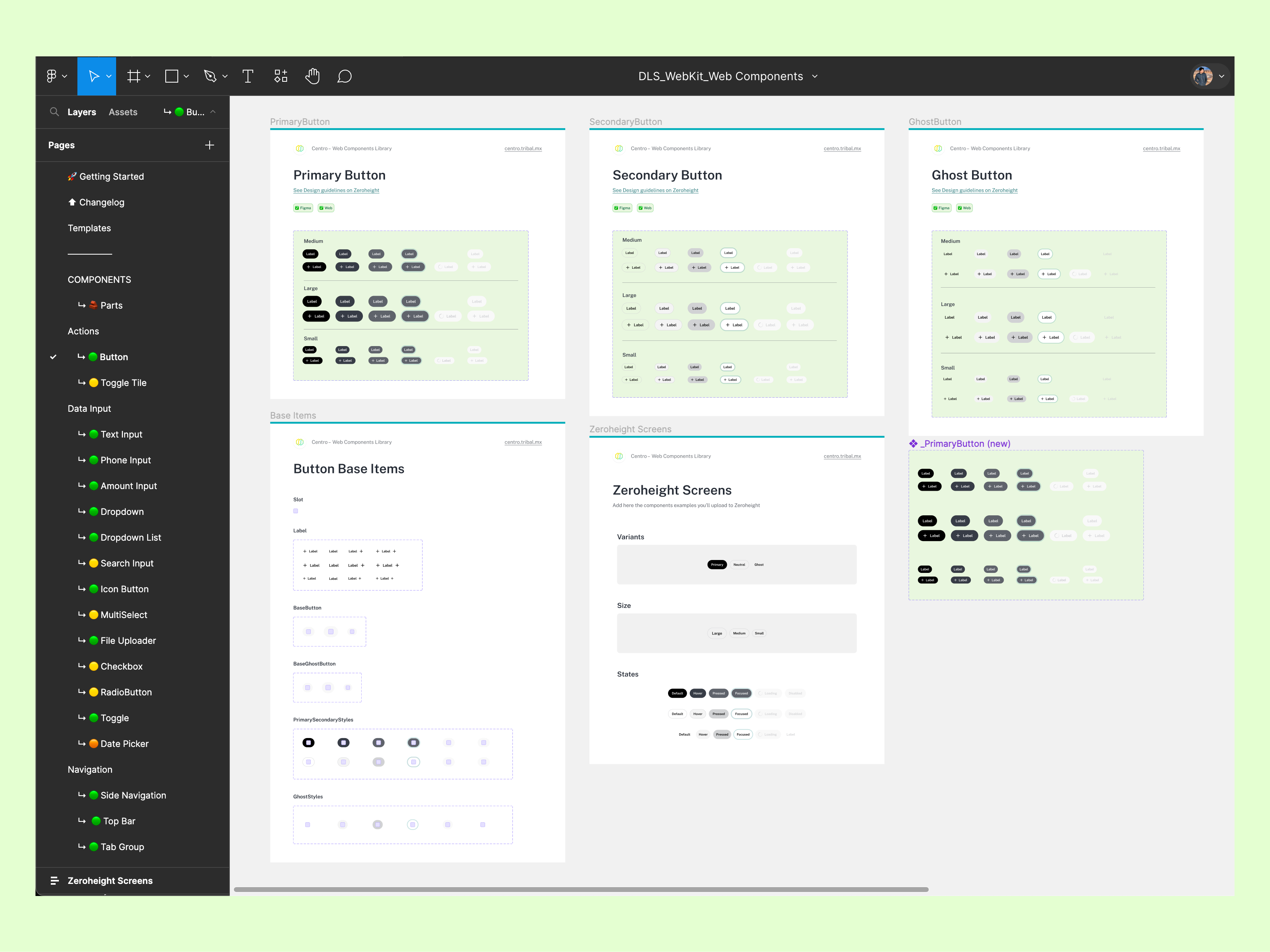 Centro's Figma library: primary, secondary, and ghost buttons, with shared anatomy, sizes, and interaction states.