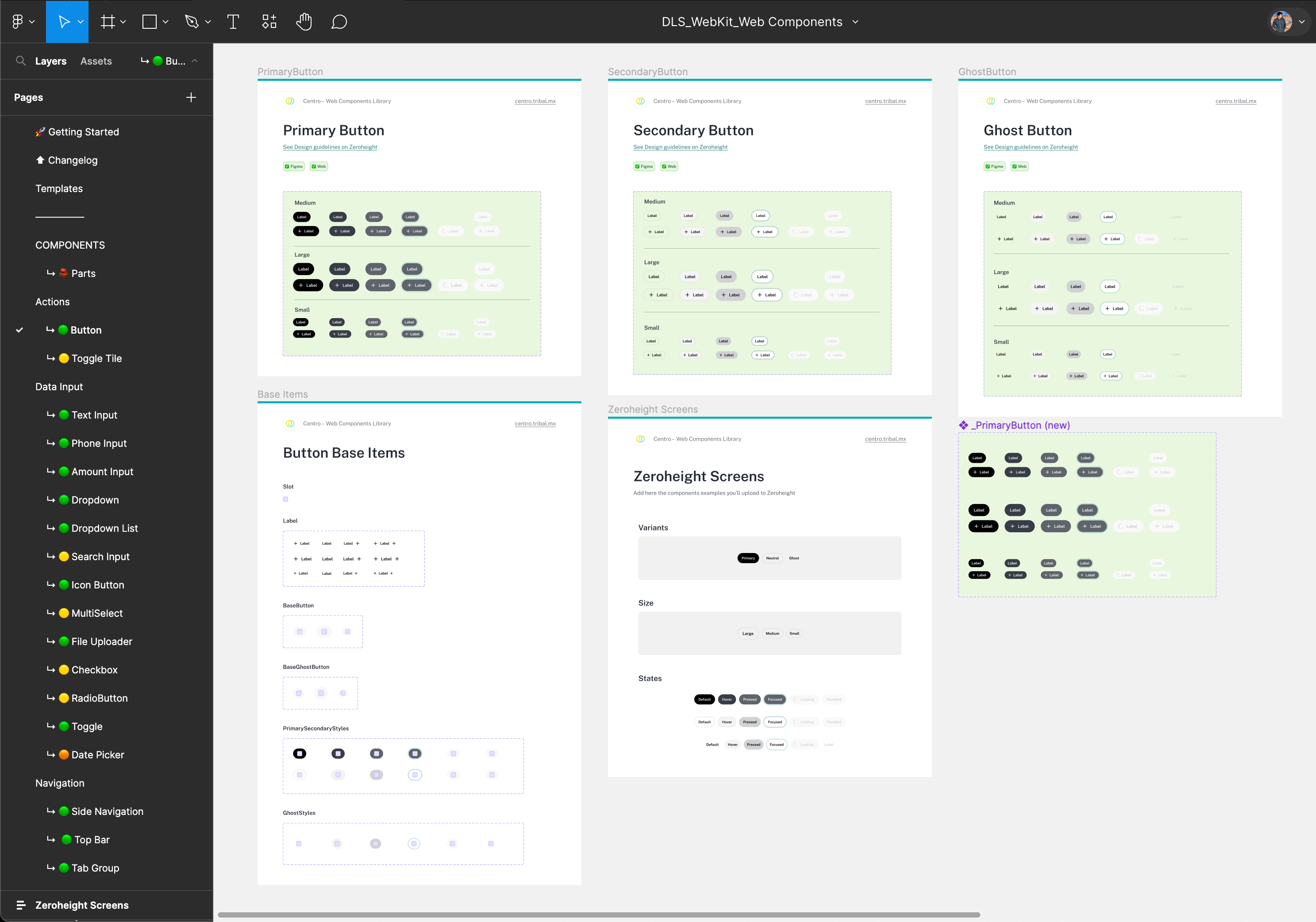 A closer view of Centro's button specifications, reusable base elements, and documentation layouts alongside the component-library navigation.