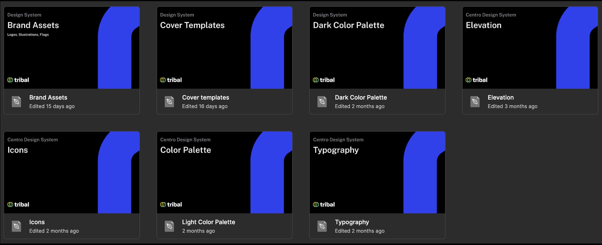 Centro's foundation files organize brand assets, cover templates, light and dark color palettes, elevation, icons, and typography.