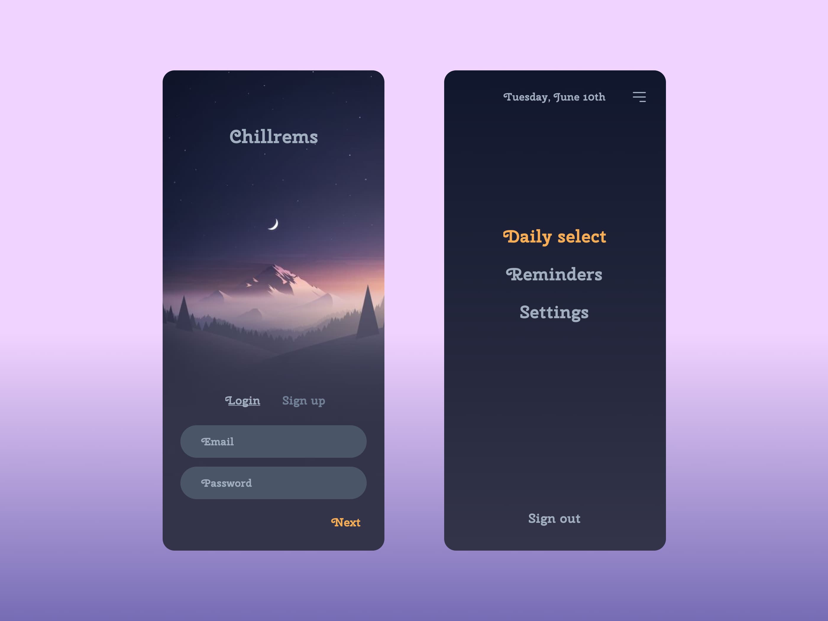 ChillRems sign-in and navigation screens, pairing a night landscape with Daily select, Reminders, and Settings.