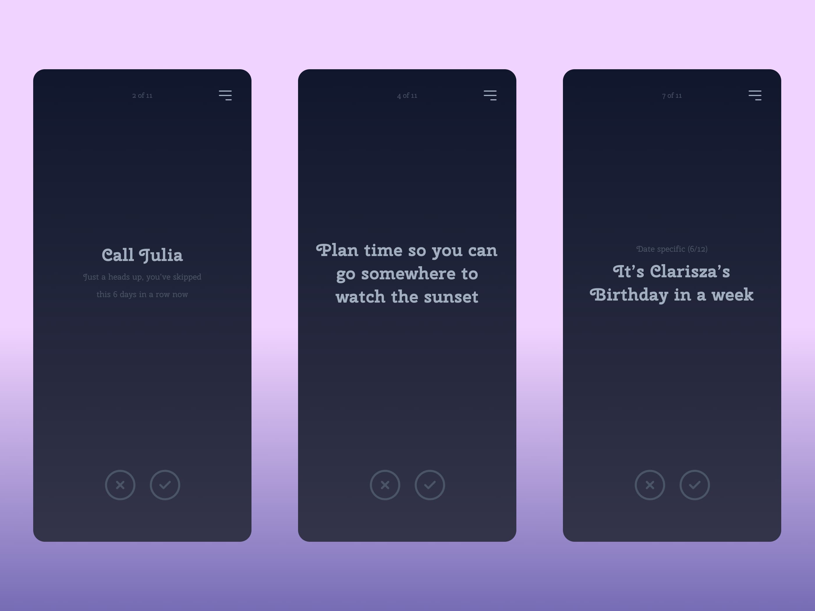 Reminder examples for a phone call, planning time outdoors, and an upcoming birthday.