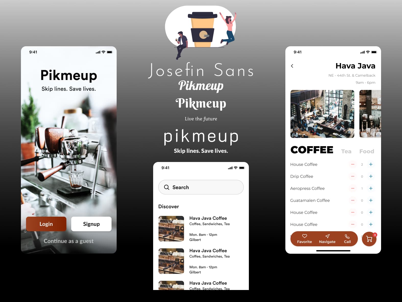 Pikmeup's visual exploration combines typography, sign-in, café discovery, and a menu with item quantities and cart access.