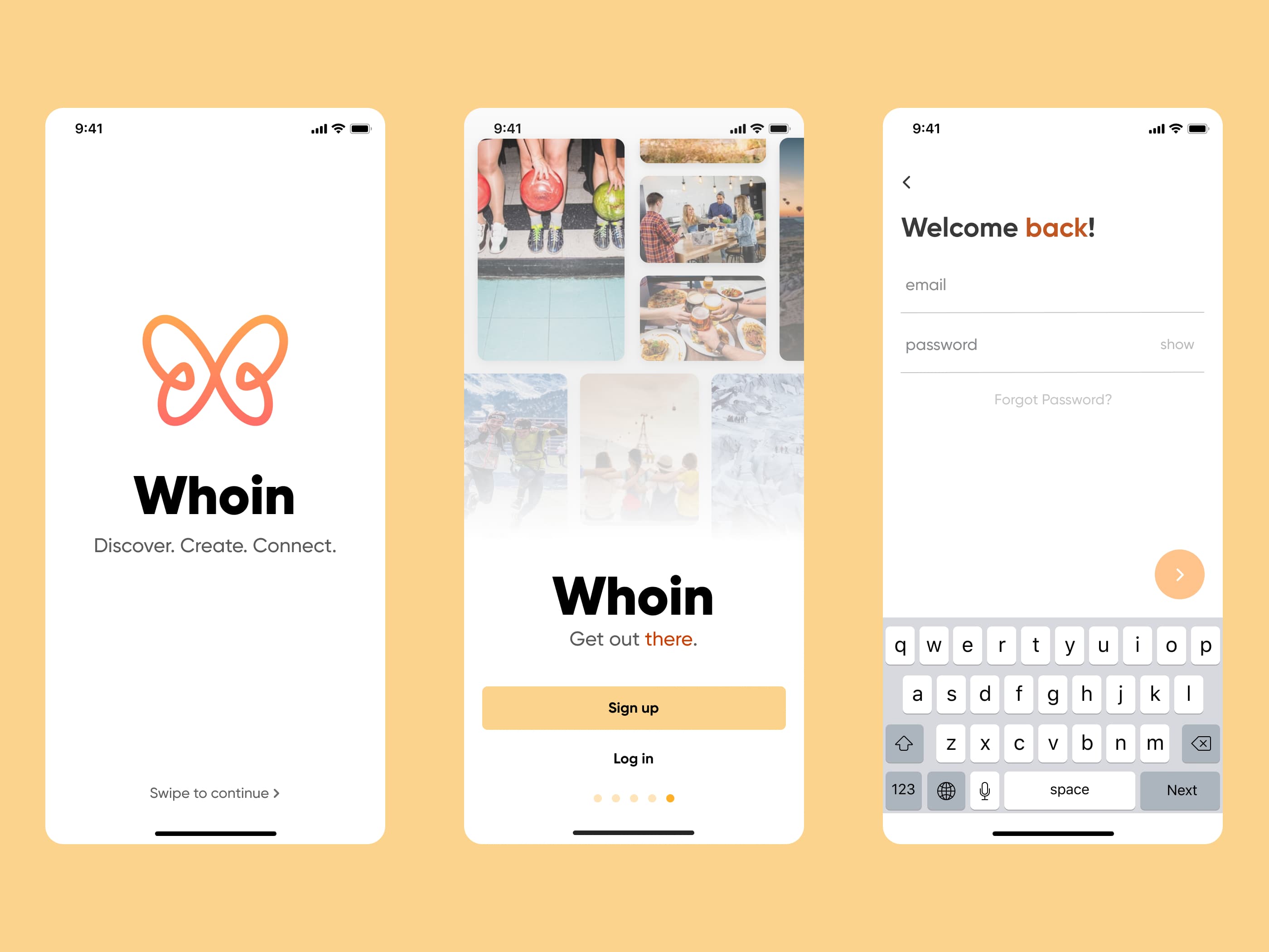 Whoin's launch, welcome, and sign-in screens introduce the mobile app's community-focused visual language.