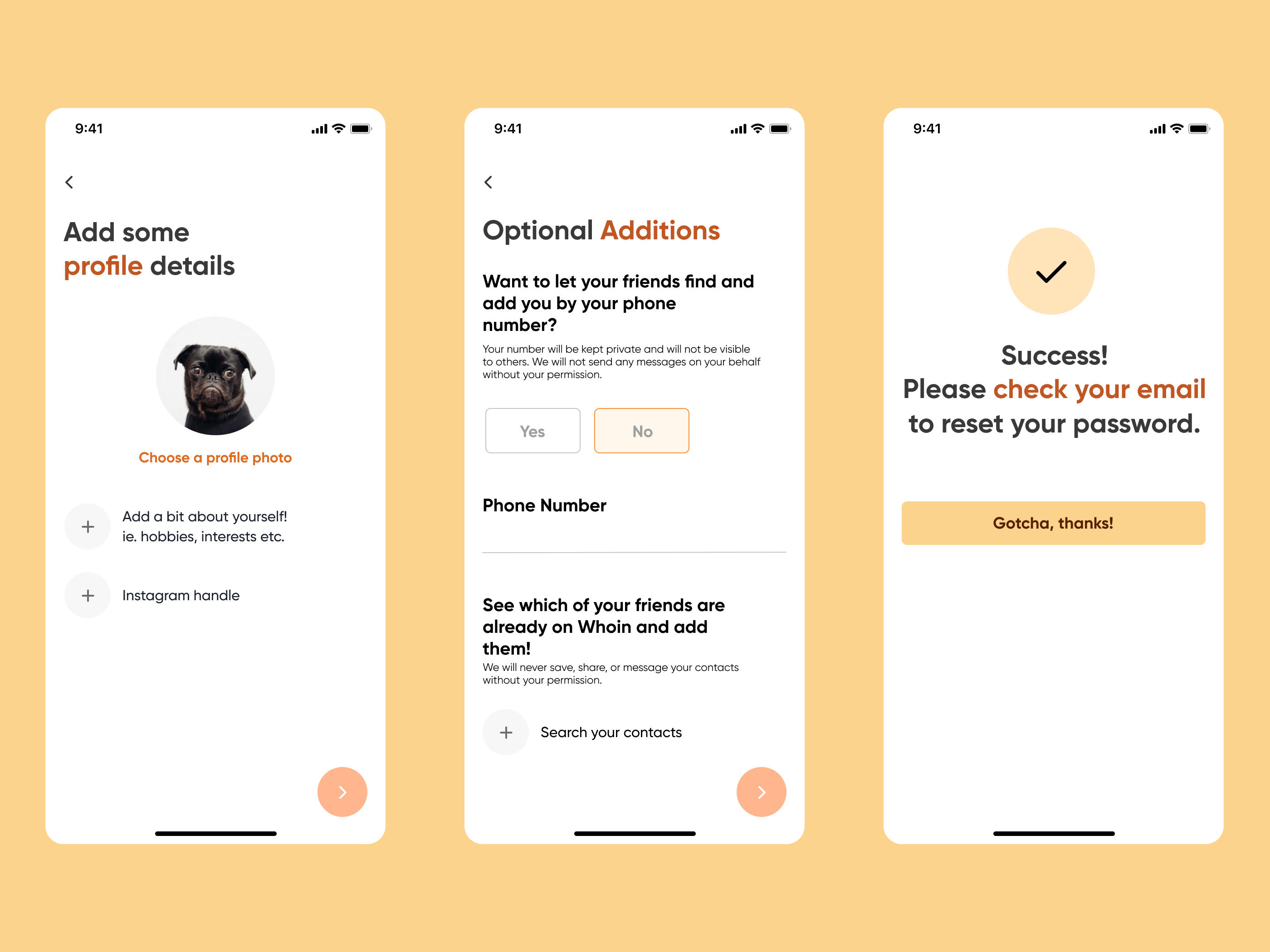 Profile setup, optional phone and contact discovery, and password-reset confirmation show supporting account flows.