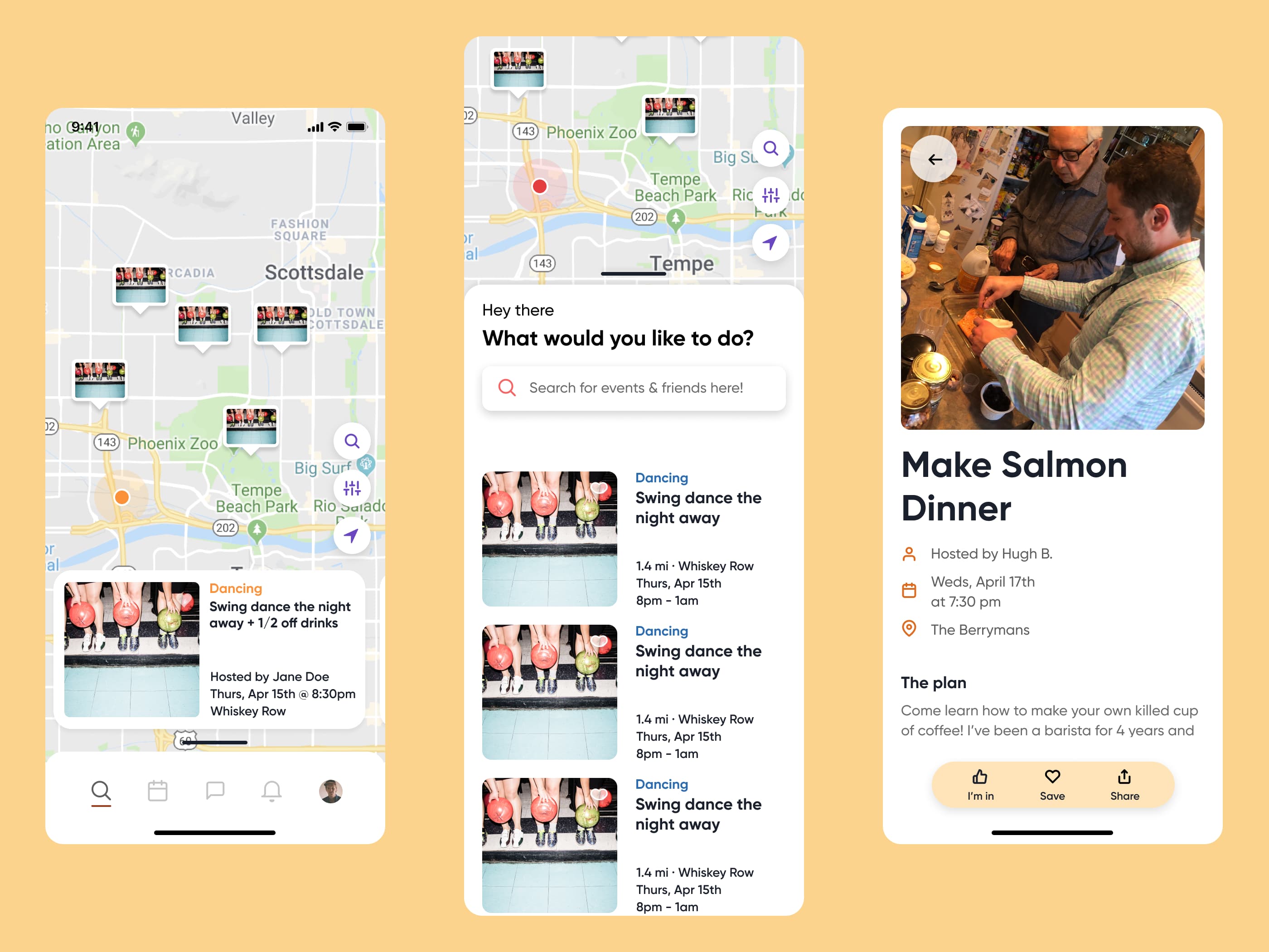 Map discovery, an event list, and event details connect nearby activities with their hosts, schedules, and attendance actions.