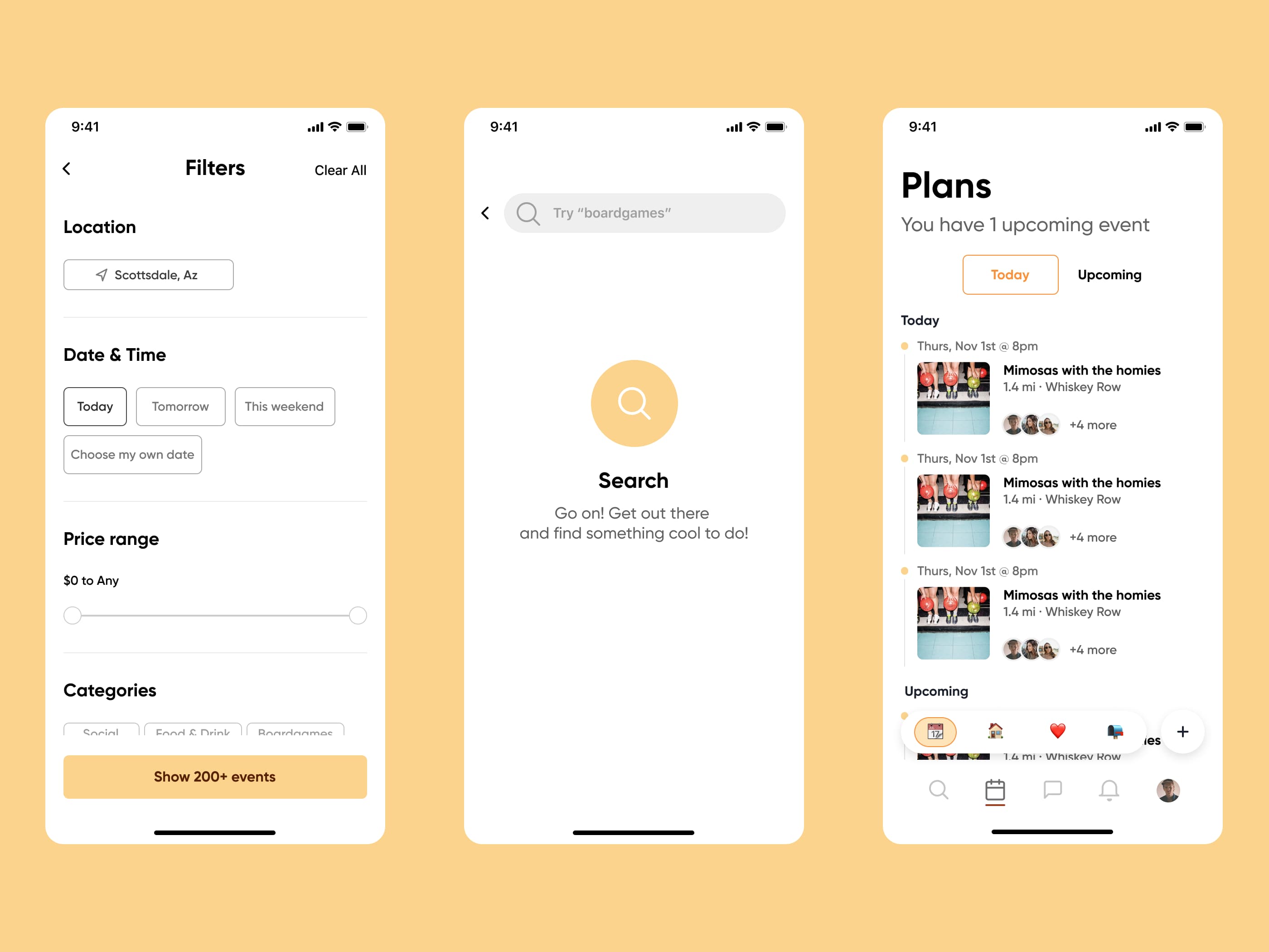 Location, time, price, and category filters sit alongside search and a calendar-style view of upcoming plans.