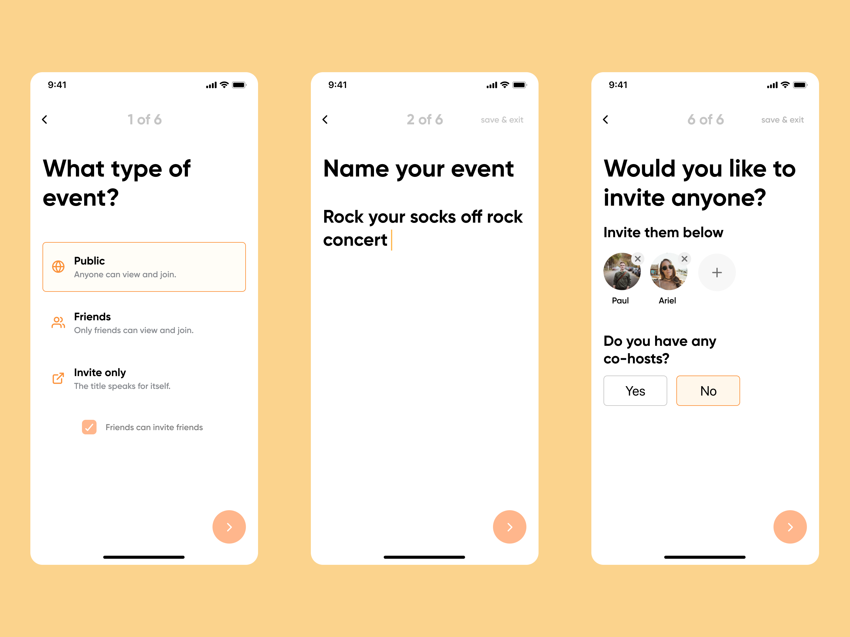The event-creation flow covers visibility, naming, invitations, and co-hosts.