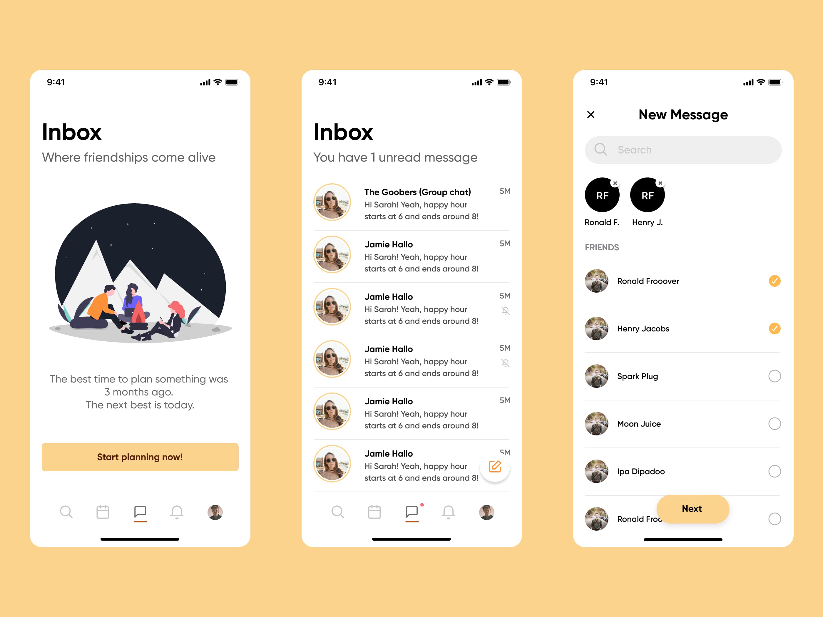 The messaging experience includes an empty inbox, active conversations, and selecting people for a new message.