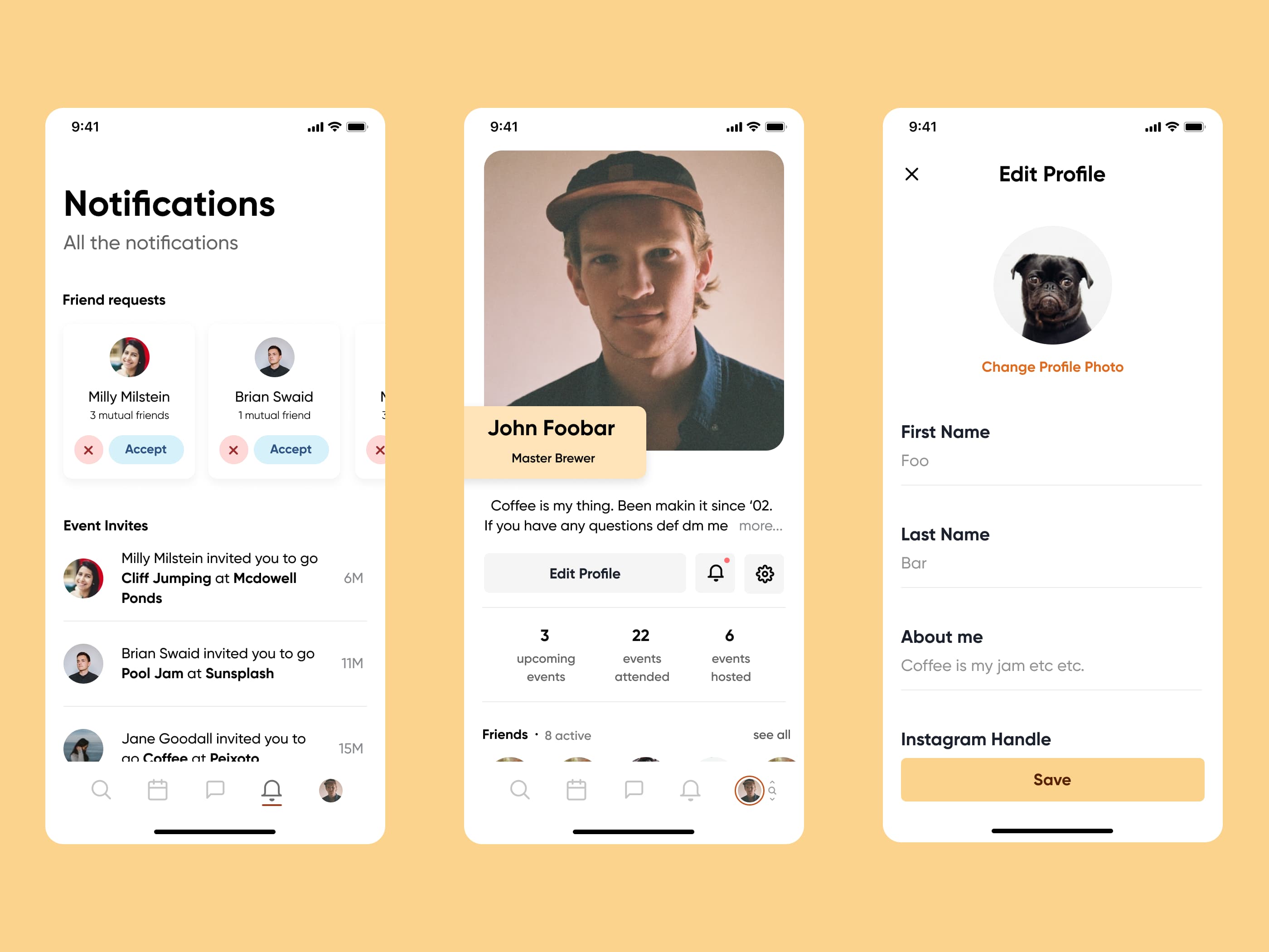 Friend requests and event invitations sit alongside profile details and profile editing.