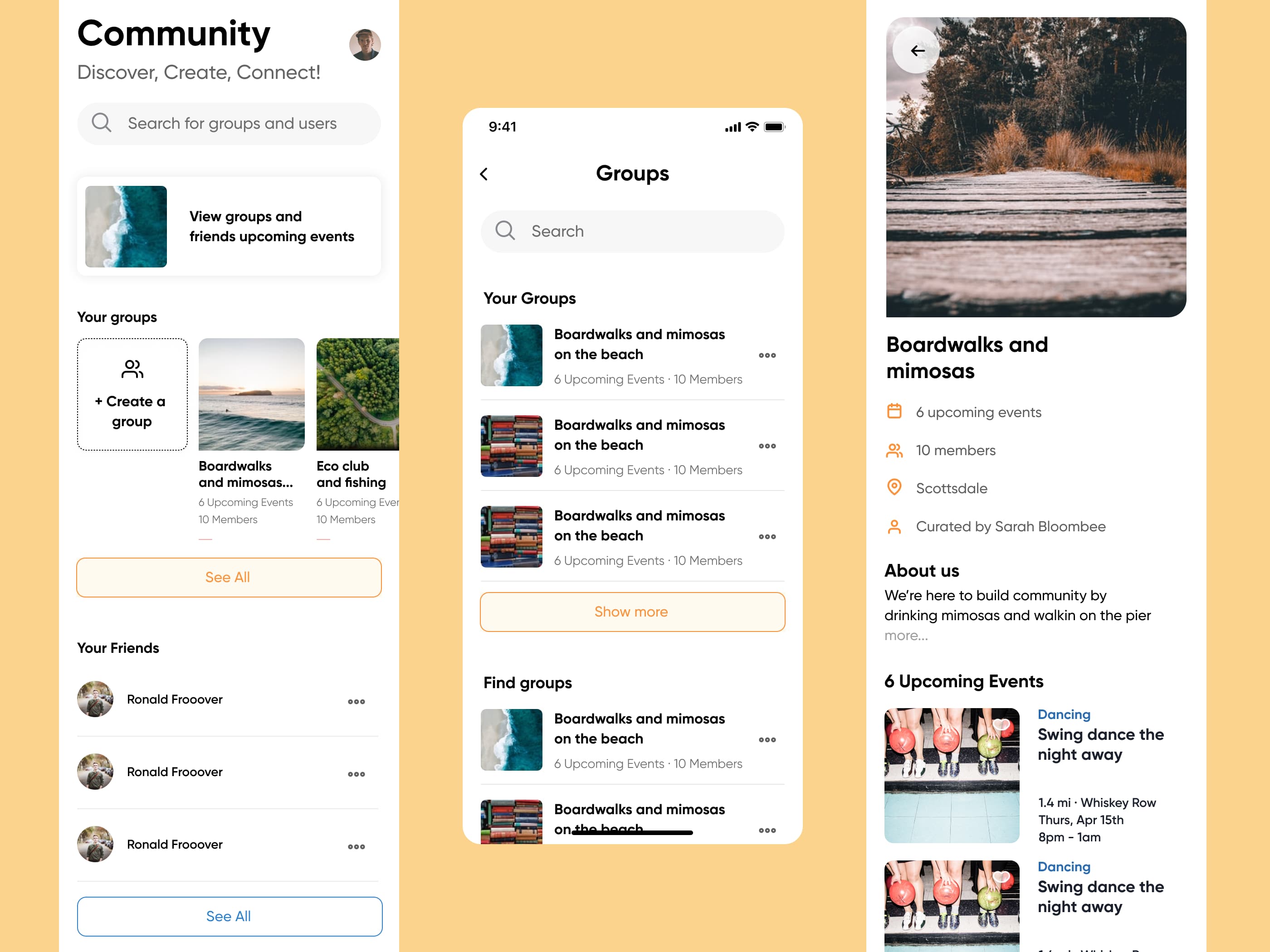 Community discovery, group lists, and group detail pages connect members with shared interests and upcoming events.