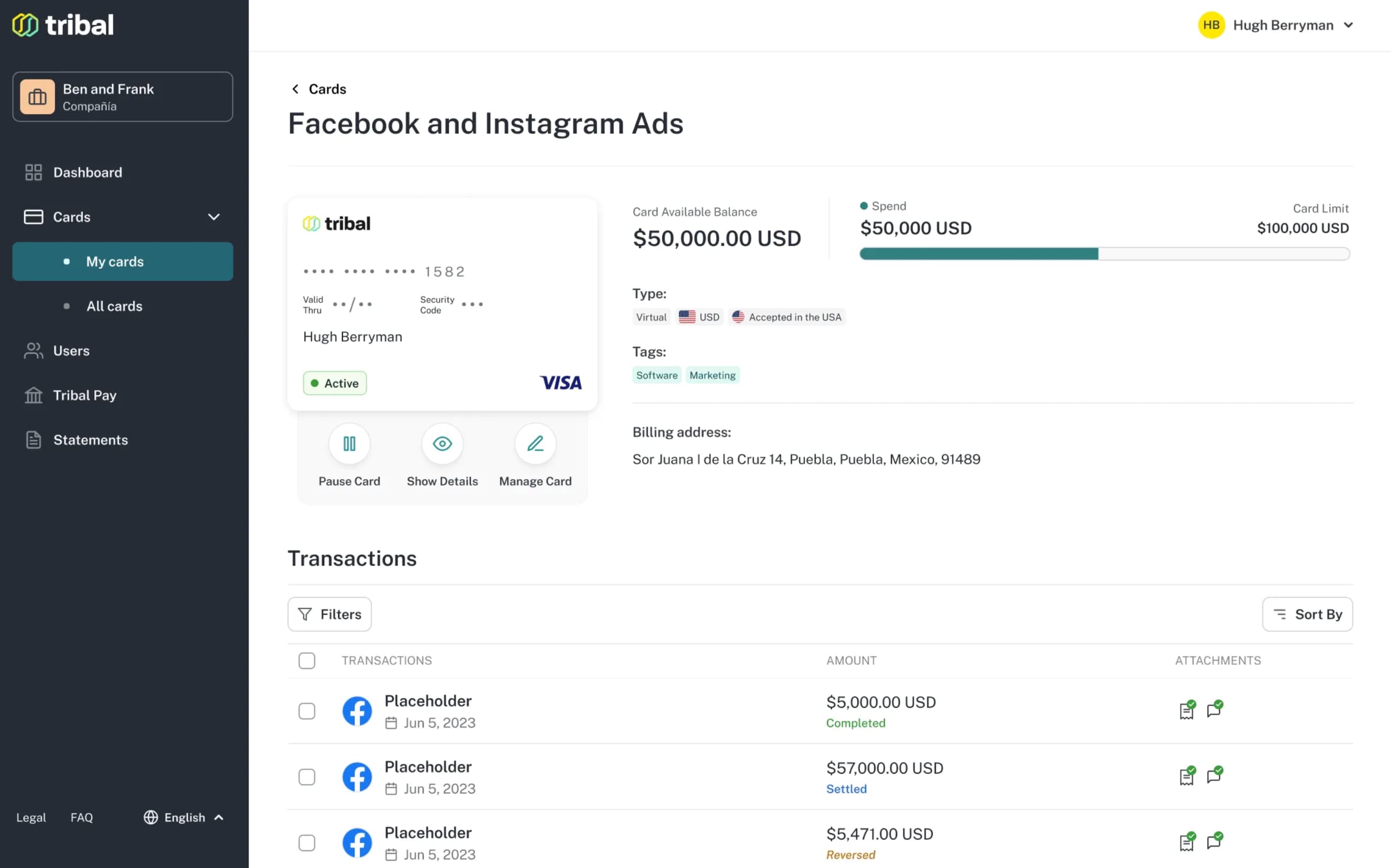 A card's detail view connects its balance and spending limit with management controls, tags, and transaction history.