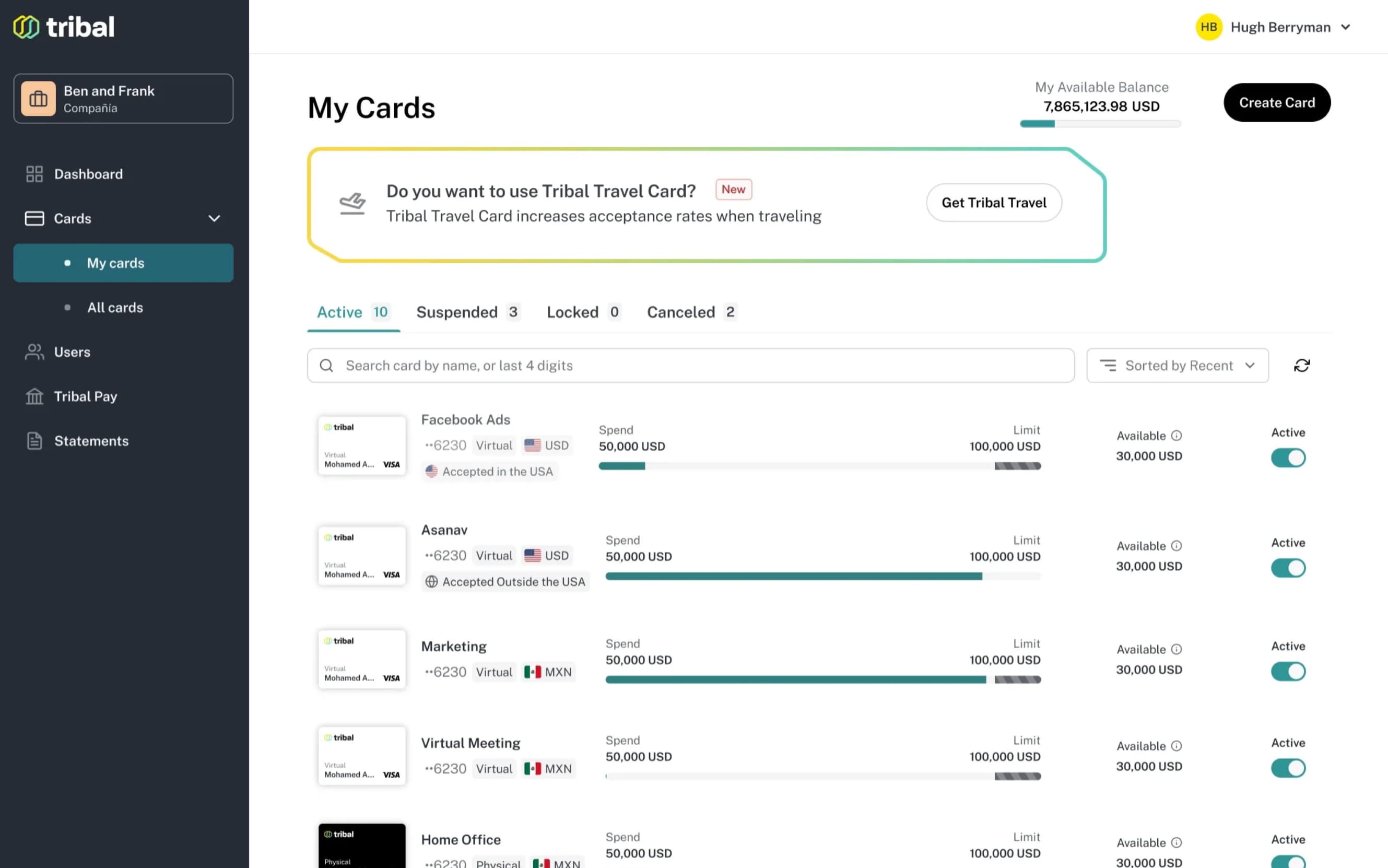 Card management on the web, bringing card status, currencies, spending, limits, and available balances into a scannable list.